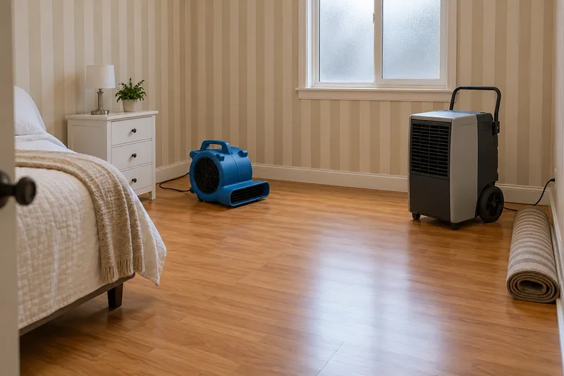 Conceptual bedroom with moisture-management equipment after bulk water removal